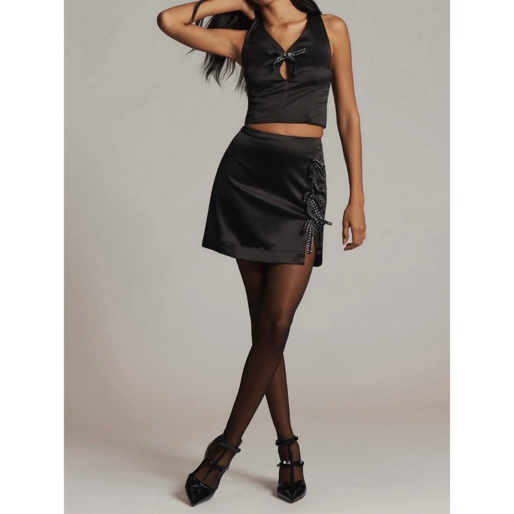 Maeve Anthropologie Crystal Bow Satin Mini Skirt Black Size M - Picture 3 of 5